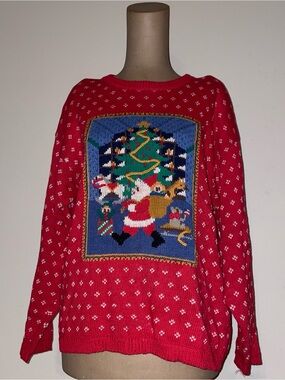 Red Holiday VNTGE Crewneck Sweater with Festive Santa Panel